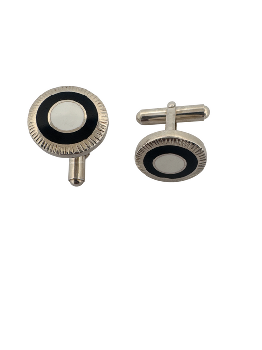 925 Sterling Silver Round Ribbed Enamelled Cufflinks for Men