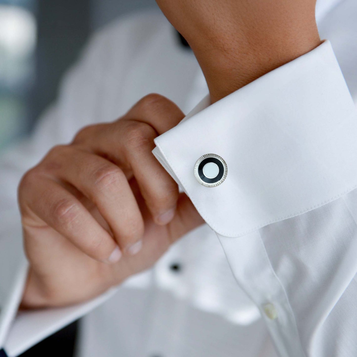 925 Sterling Silver Round Ribbed Enamelled Cufflinks for Men