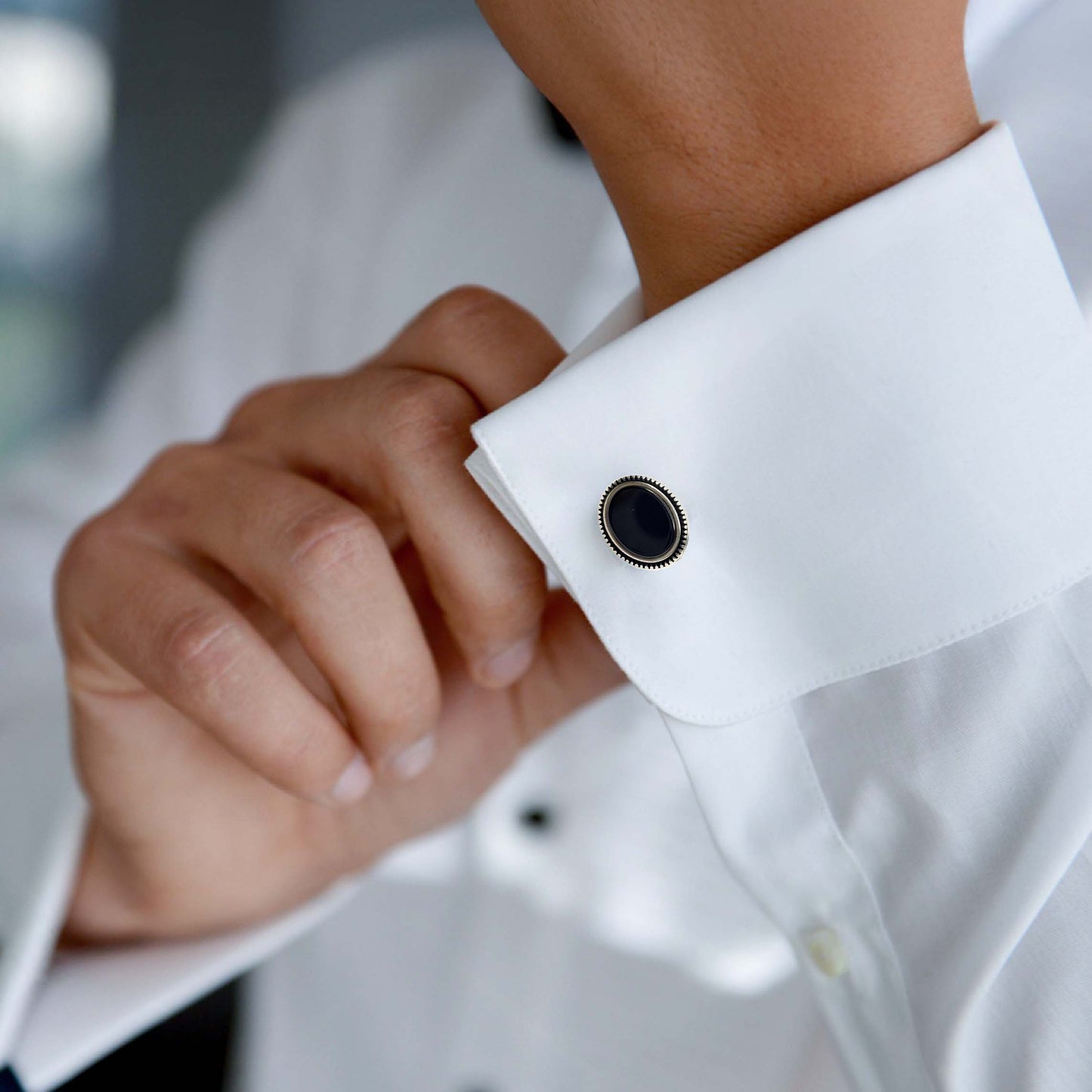 925 Sterling Silver Black Brown Onyx Round Cufflink for Men