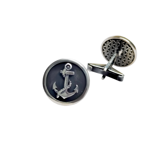925 Sterlink Silver Round Black Anchor Designed Cufflink for Men